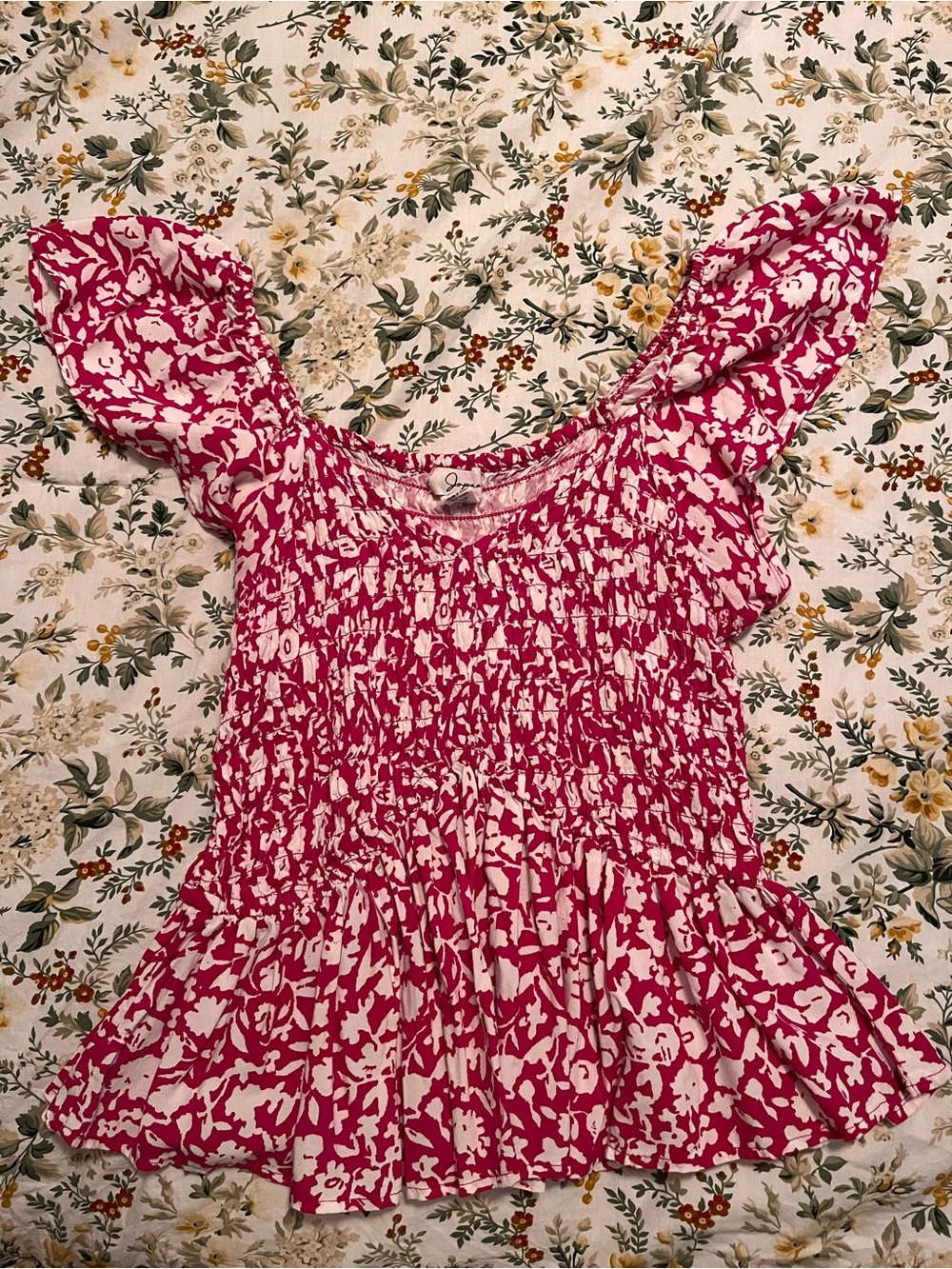 Japna Pink and White Smocked Flutter Sleeve Tunic